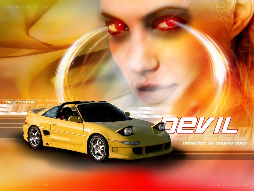 Yellow sports car with devil theme
