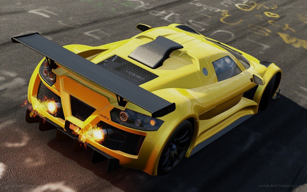 yellow sports car with flames
