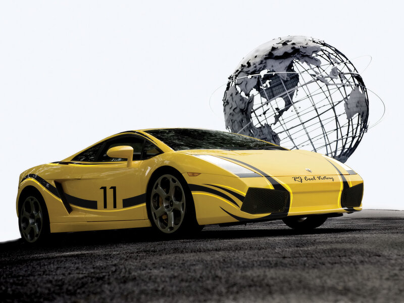 Yellow sports car with globe
