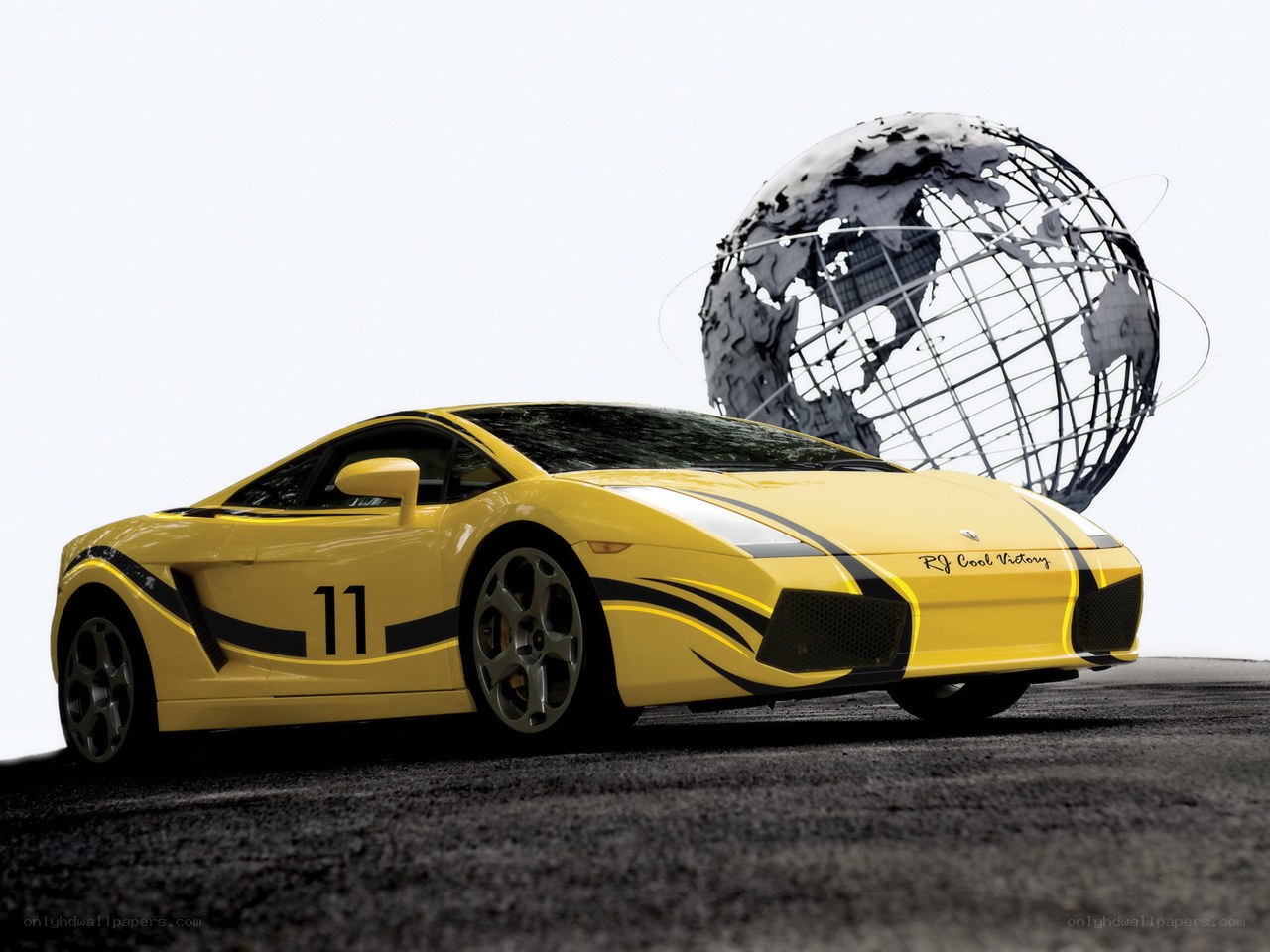 Yellow sports car with globe