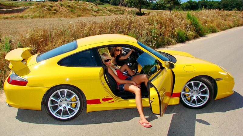 Yellow Sports Car with Women — Bright