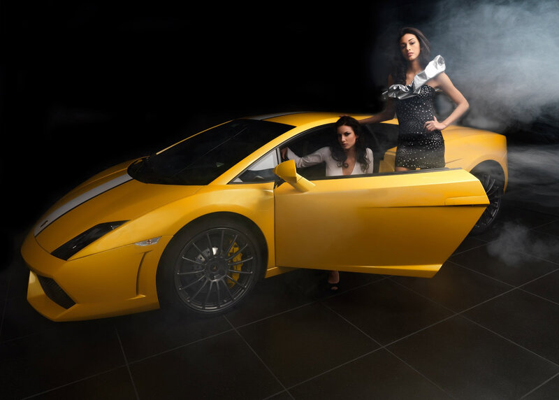 Yellow Sports Car with Women — Dramatic
