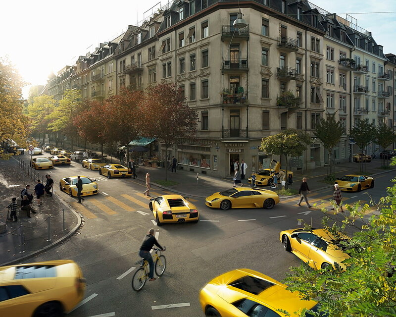 Yellow sports cars in city