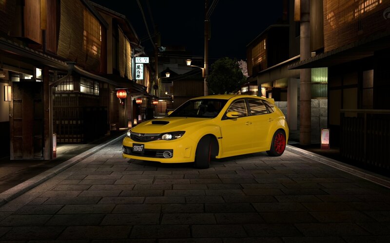 Yellow Subaru in a Japanese alley