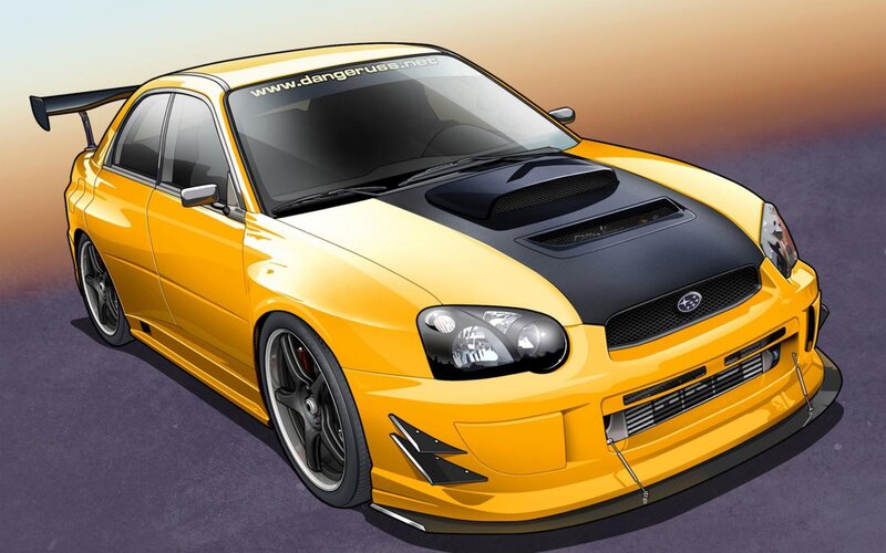 yellow subaru performance car