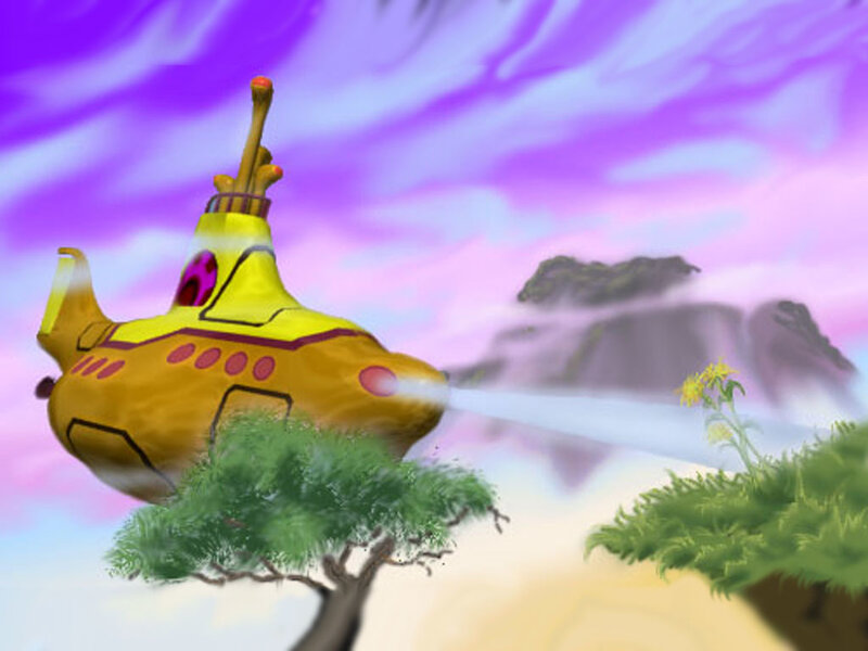 yellow submarine flying over trees