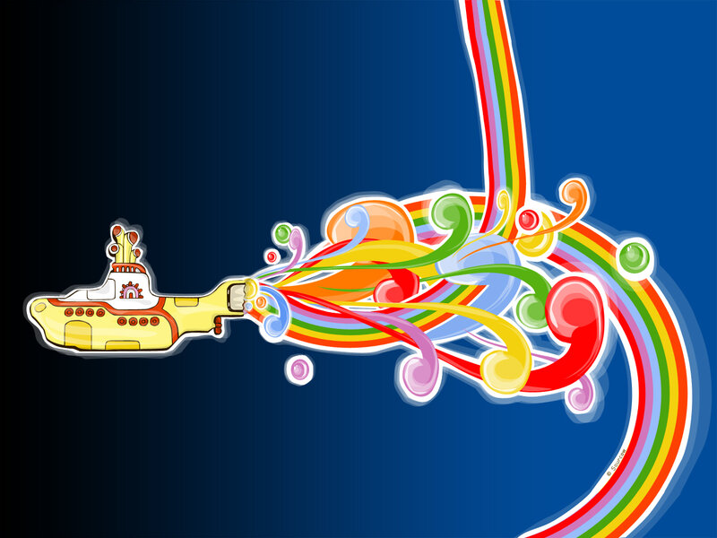 Yellow submarine with rainbow swirls