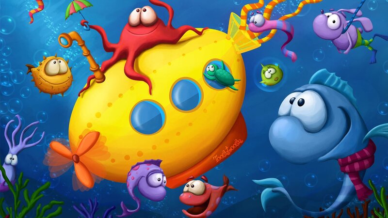 Yellow Submarine with Sea Creatures — Blue, Playful, Digital Art