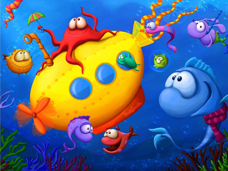 Yellow Submarine with Sea Creatures — Blue