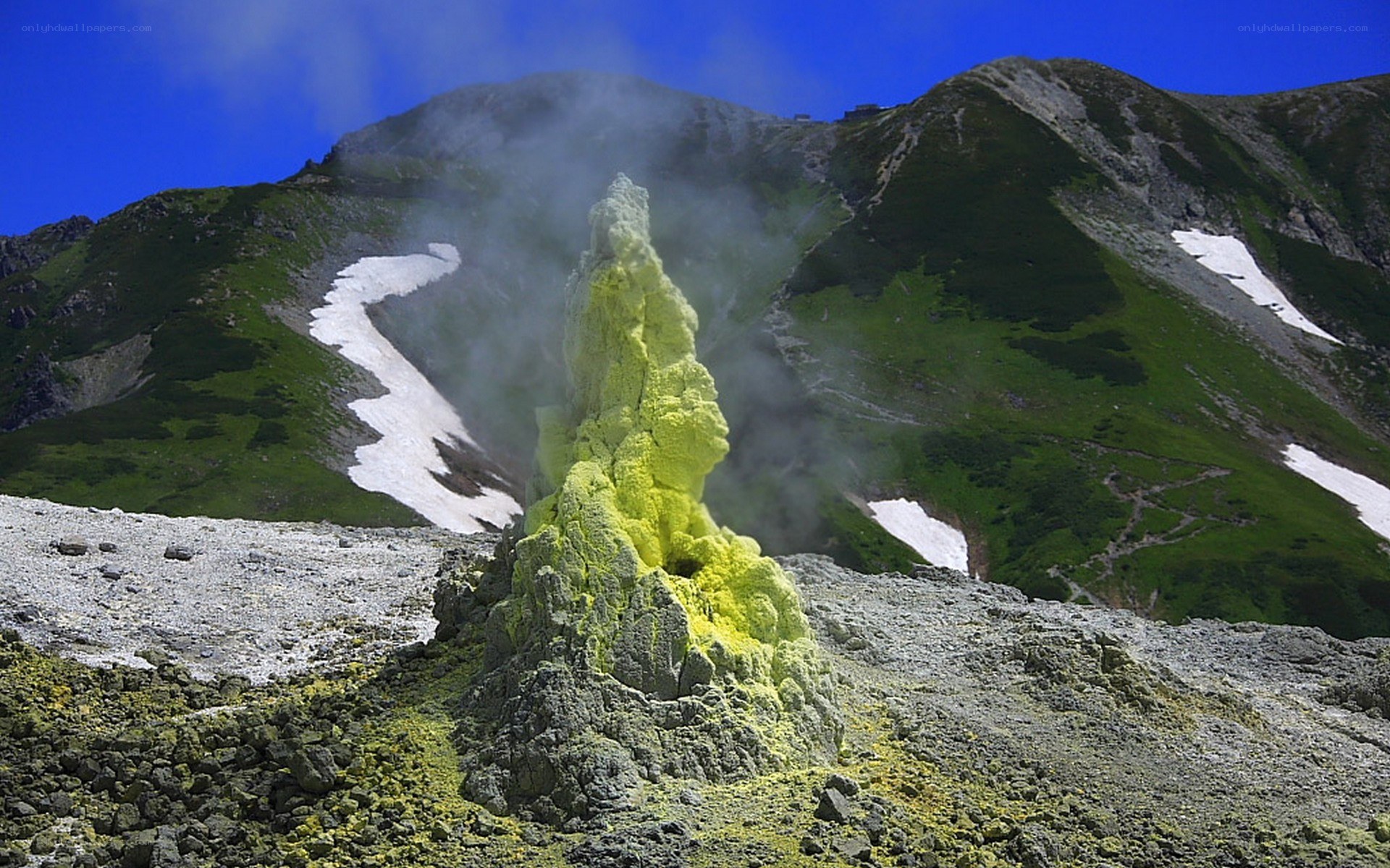Yellow sulfur formation on mountain