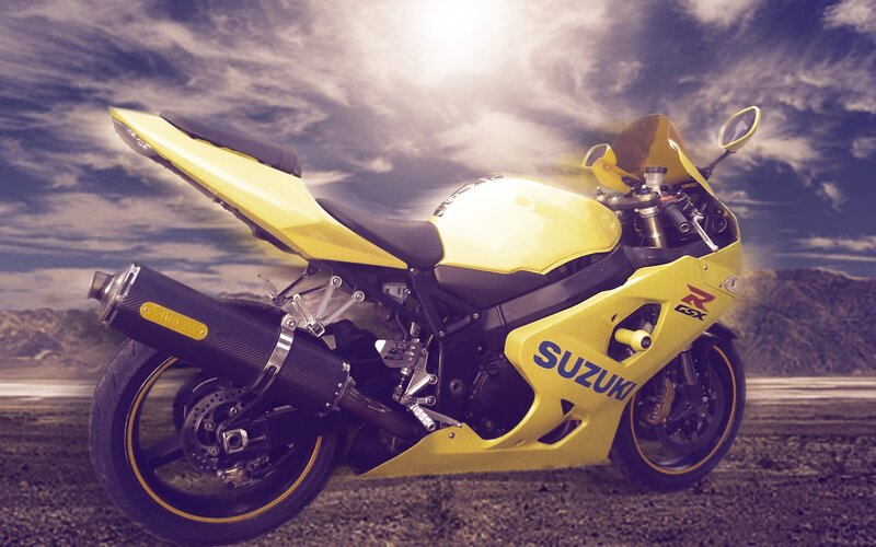 Yellow Suzuki GSX-R Motorcycle — Dramatic, Sunset