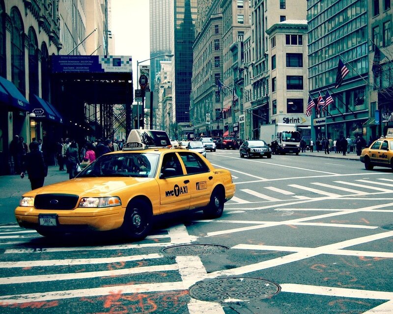 Yellow Taxi Cab — Busy, Afternoon, Photograph, Pedestrians, Buildings, American Flags, Gray