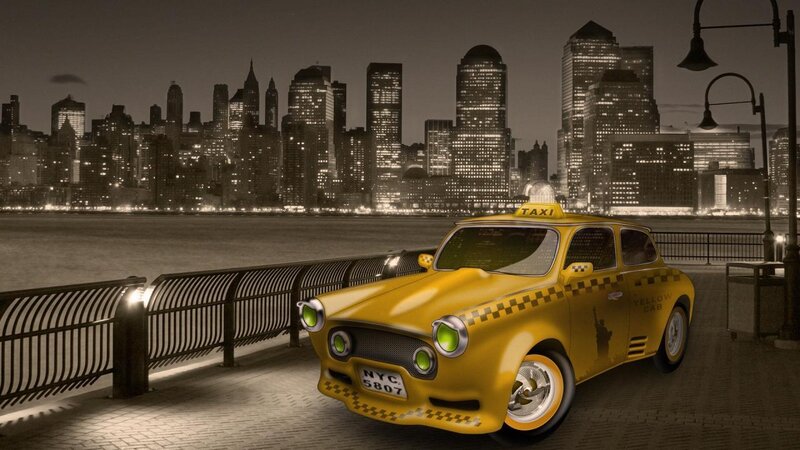 Yellow Taxi Cab — Dramatic, Night, 3d Render, City Skyline