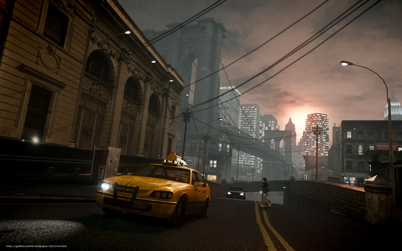 Yellow taxi in city at dusk