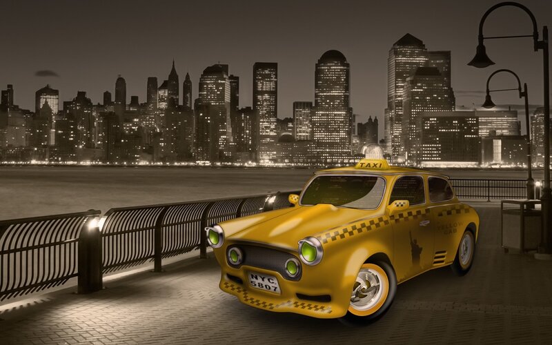 Yellow taxi in NYC at night