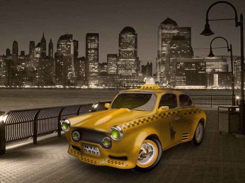 Yellow taxi in NYC at night