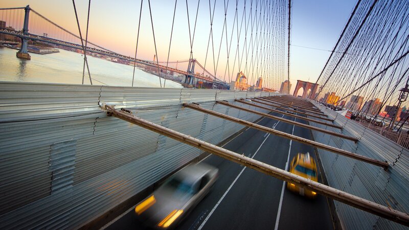 Yellow Taxi on Bridge — Blue, Dramatic