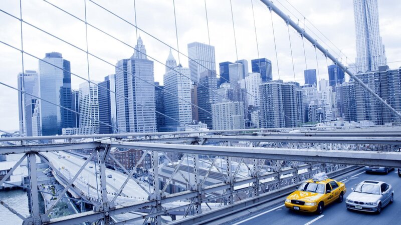 Yellow Taxi on Bridge — Blue