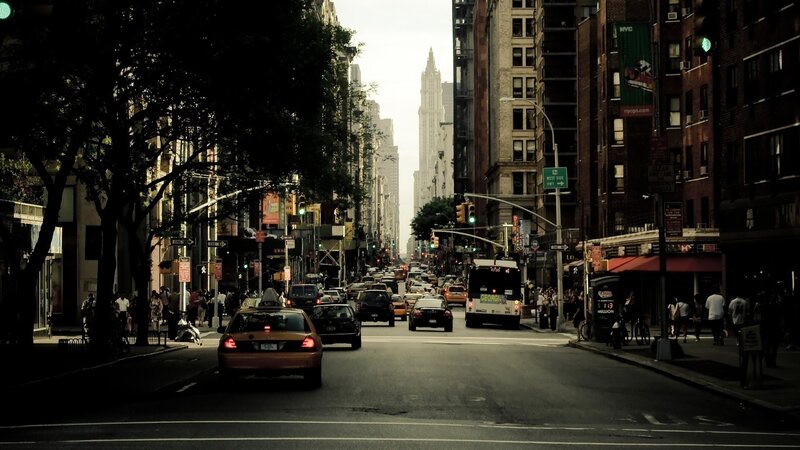 Yellow Taxi on City Street — Black, Dramatic