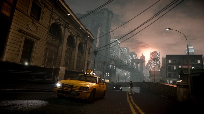 Yellow Taxi on City Street — Dramatic, Sunset