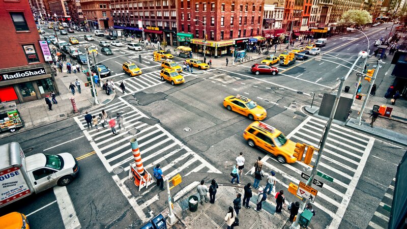 Yellow Taxis at Intersection — Busy, Afternoon, Photograph