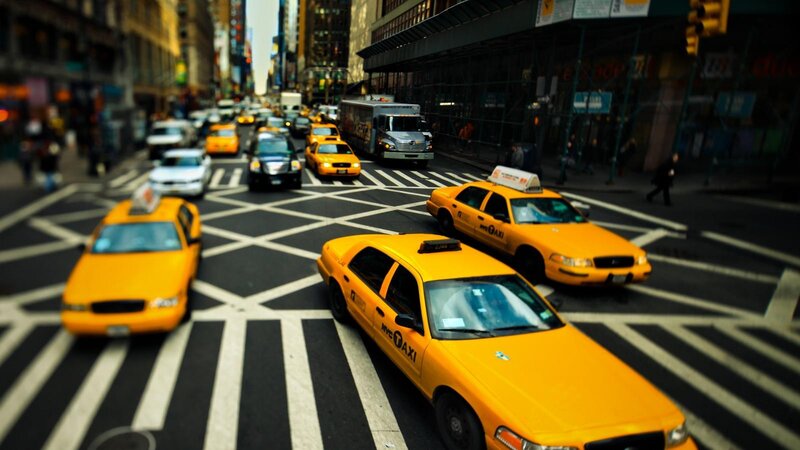 Yellow Taxis at Intersection — Busy, Afternoon