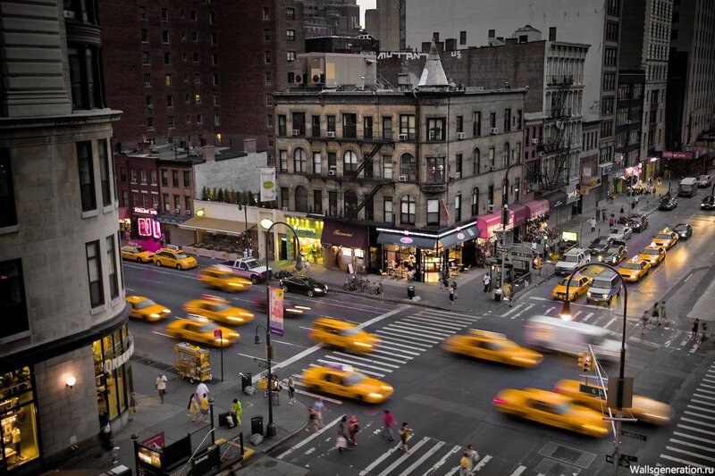 Yellow Taxis at Intersection — Busy, Night