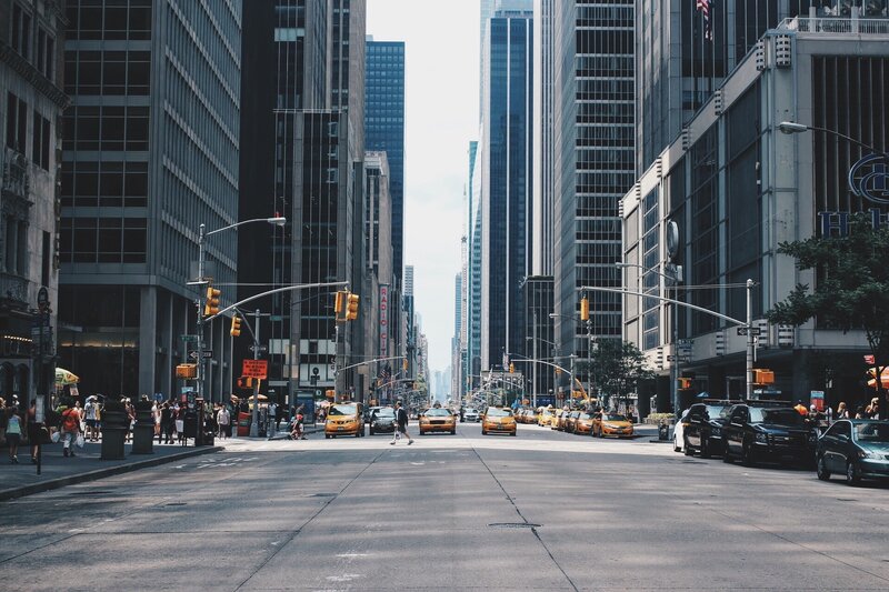 Yellow Taxis on Street — Gray, Busy