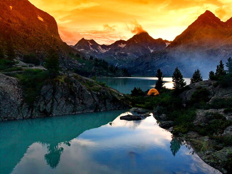 Yellow Tent in Mountain Lake