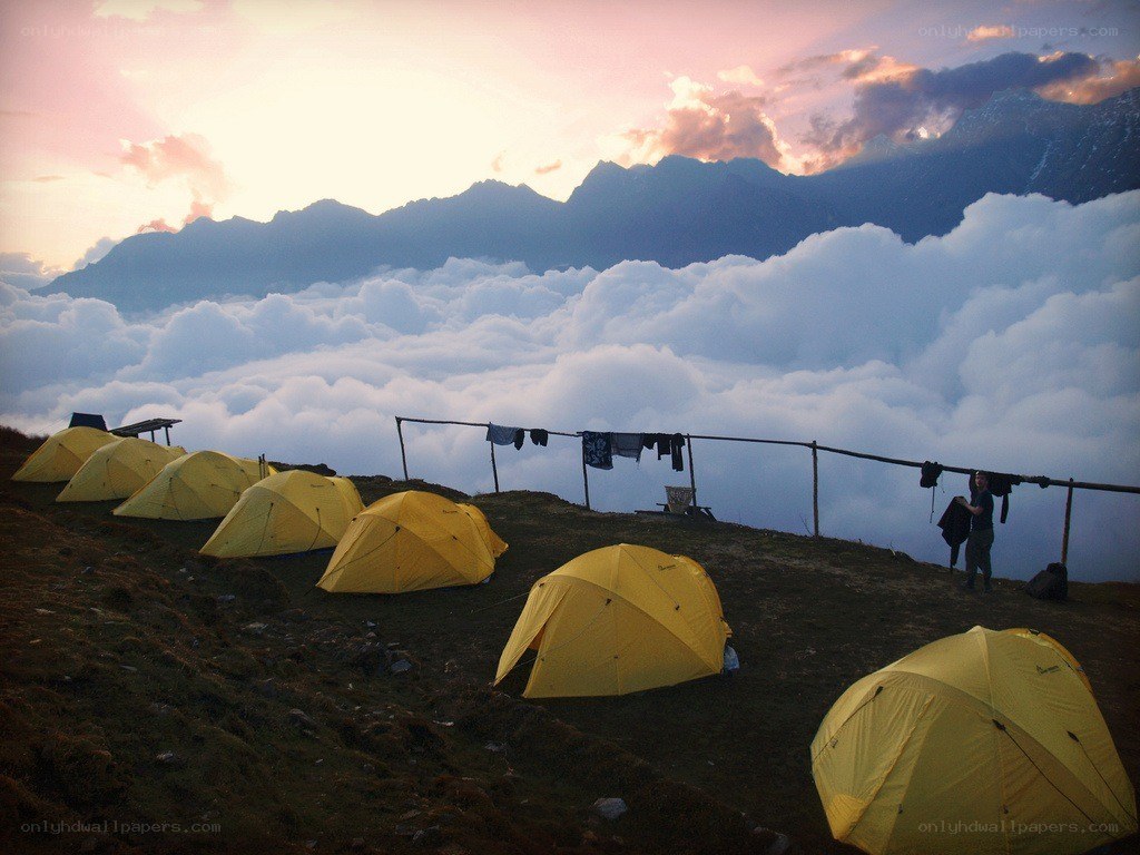 Yellow tents on a mountain campsite