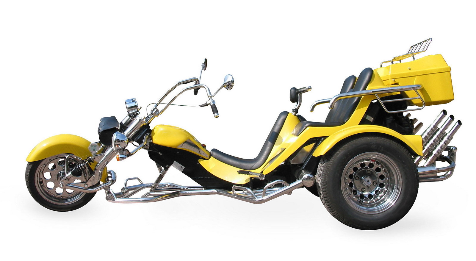 yellow three-wheeled motorcycle