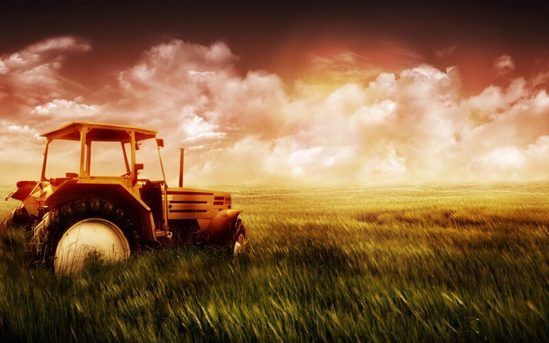 Yellow Tractor in Field — Dramatic, Sunset