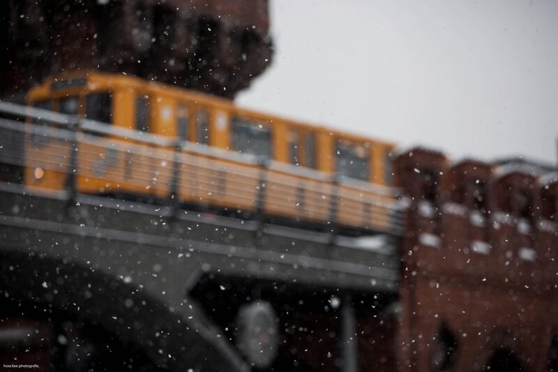 Yellow train in snow