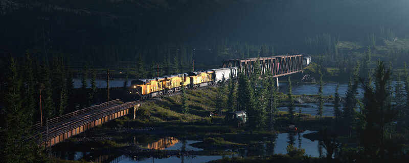 Yellow Train on Bridge — Serene, Morning