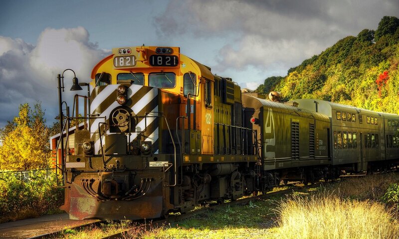 Yellow Train on Tracks — Dramatic, Autumn