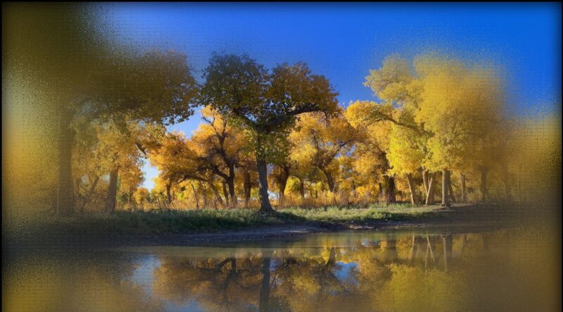 Yellow Trees by River — Blue, Serene, Autumn