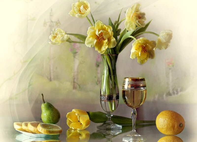 Yellow tulips and fruit still life