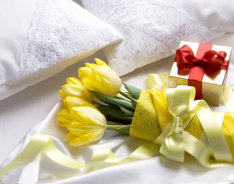Yellow Tulips and Gift — Serene, Photograph