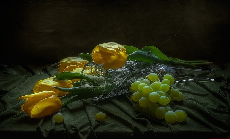 Yellow Tulips and Grapes — Dramatic