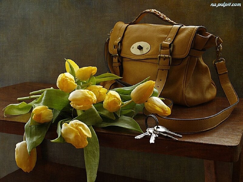 Yellow Tulips and Handbag — Calm, Photograph