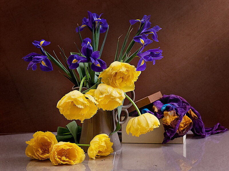 Yellow Tulips and Purple Irises