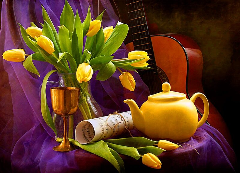 Yellow Tulips and Teapot — Purple