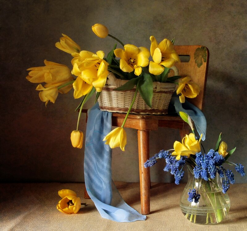 Yellow Tulips in Basket — Calm, Photograph, Blue Flowers