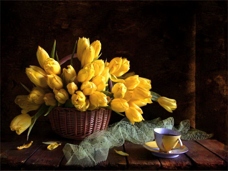 Yellow Tulips in Basket — Dramatic, Photograph, Teacup