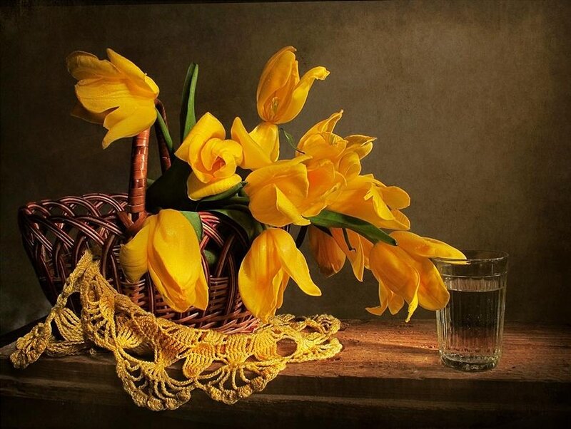 Yellow Tulips in Basket — Dramatic, Photograph