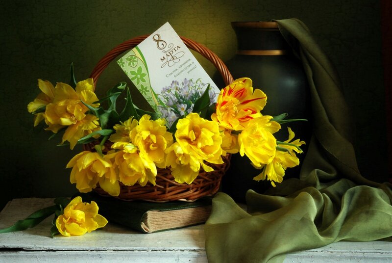 Yellow Tulips in Basket — Dramatic