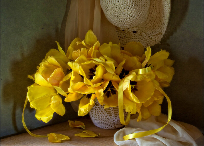 Yellow Tulips in Basket — Serene, Photograph