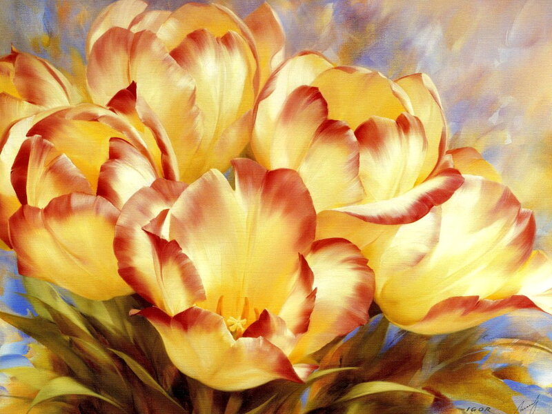Yellow Tulips in Bloom — Serene, Painting