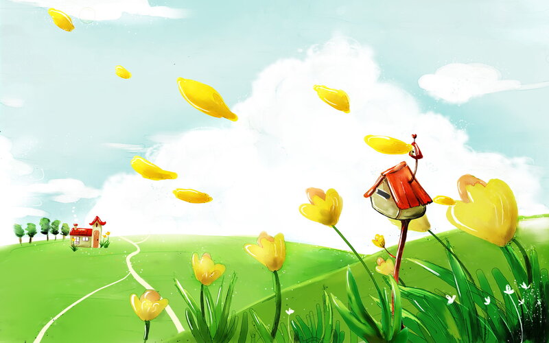 Yellow Tulips in Field — Green