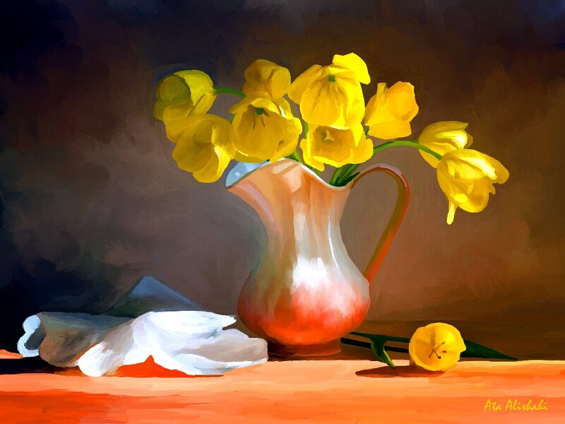 Yellow Tulips in Pitcher — Dramatic, Painting